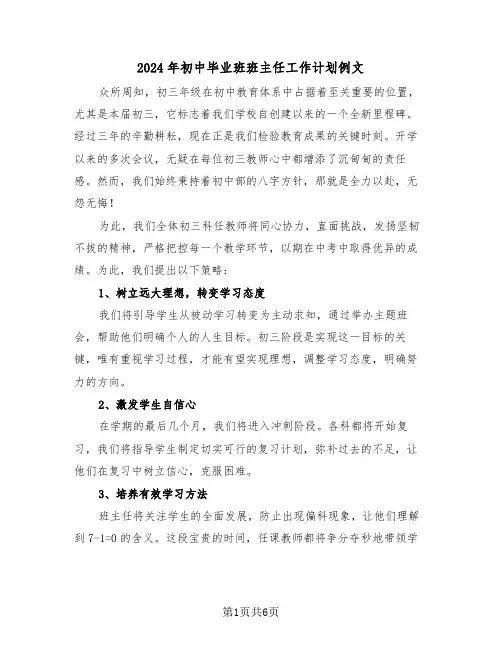 2024年初中毕业班班主任工作计划例文（三篇）