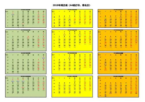 2018年周历表(带农历)