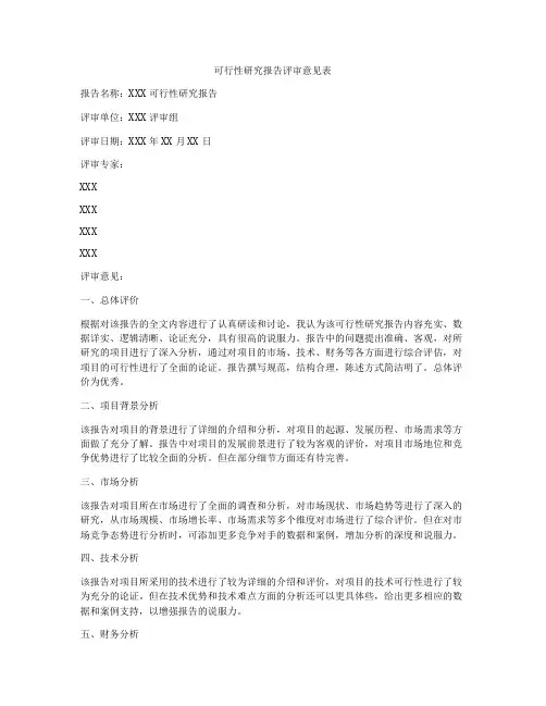 可行性研究报告评审意见表