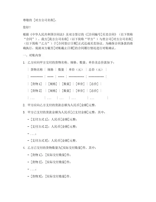 买卖合同对账确认函模板