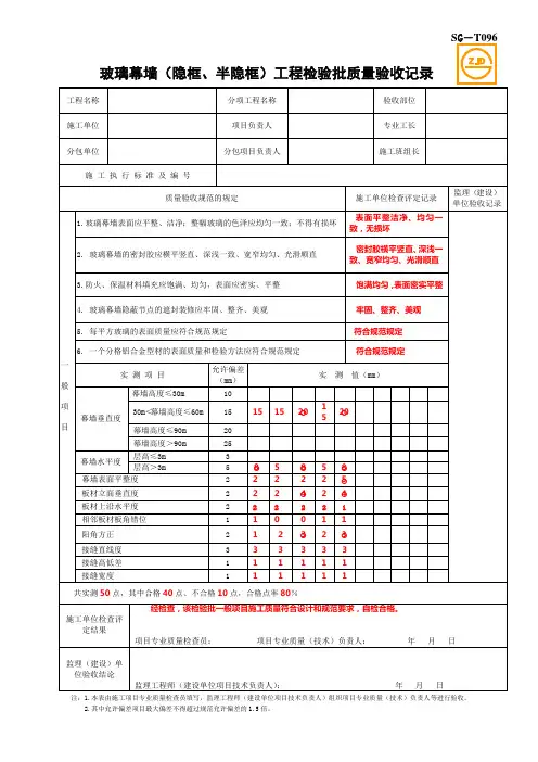 SG-T096玻璃幕墙(隐框、半隐框)工程检验批质量验收记录