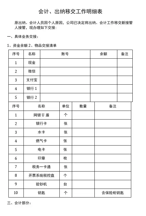 会计资料交接清册(会计及出纳岗位)