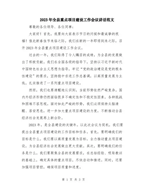 2023年全县重点项目建设工作会议讲话范文
