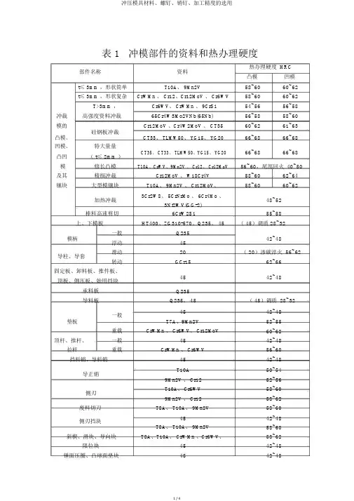 冲压模具材料、螺钉、销钉、加工精度的选用