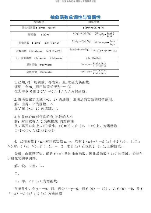 专题：抽象函数的单调性与奇偶性的证明