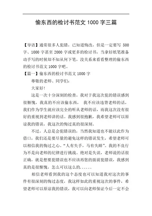 偷东西的检讨书范文1000字三篇