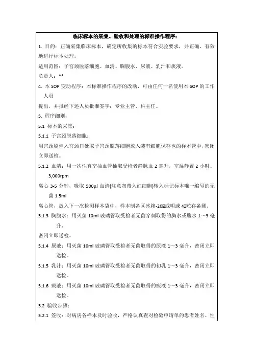 临床标本的采集、验收和处理的标准操作程序