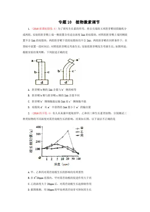 三年高考(2014-2016)生物试题分项版解析 专题10植物激素调节原卷版.doc