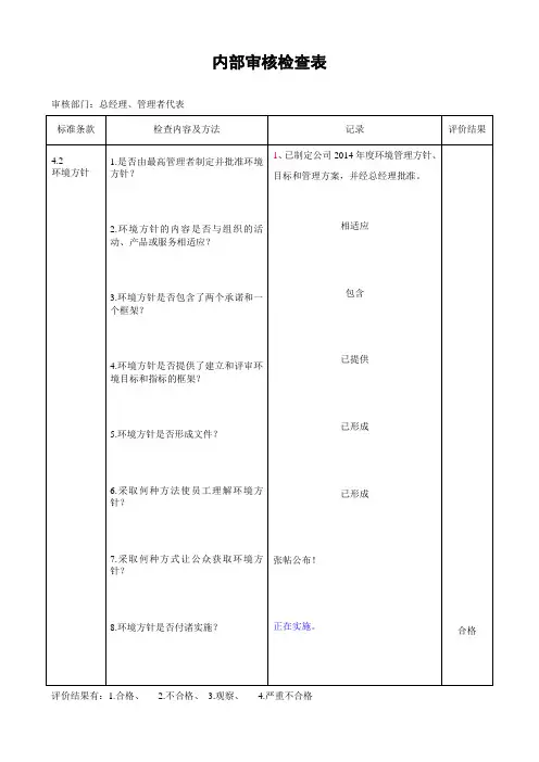 ISO14001内审查检表(2015)