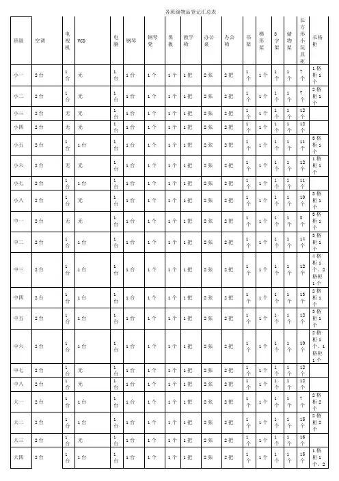 各班级物品登记汇总表