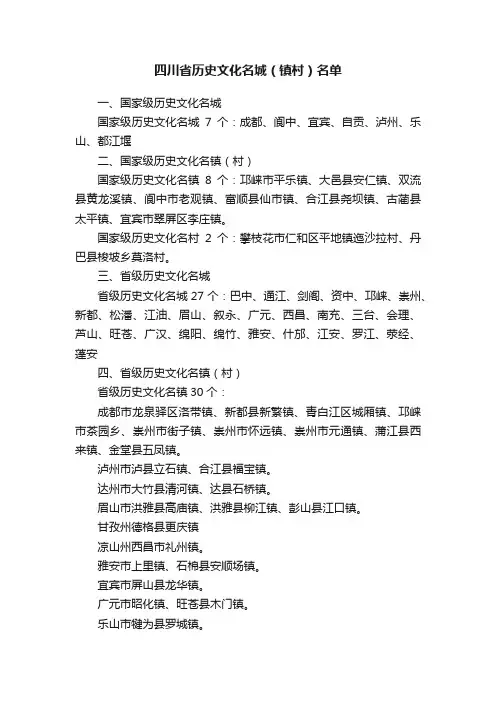 四川省历史文化名城（镇村）名单