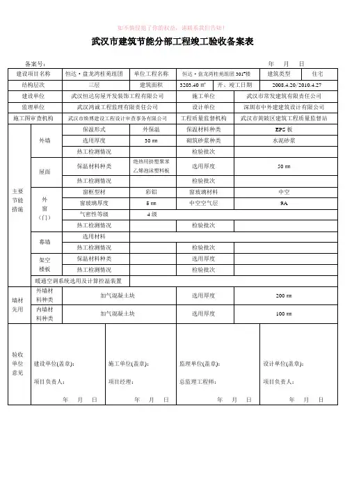 武汉市建筑节能分部工程竣工验收备案表