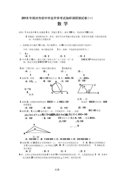 广西梧州2013初中毕业升学考试抽样调研测试(一)试题-数学.