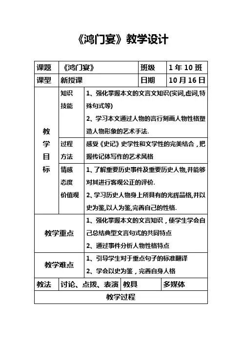 优质课一等奖高中语文必修一《鸿门宴》教案