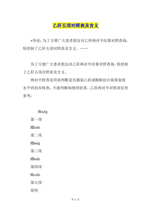 乙肝五项对照表及含义