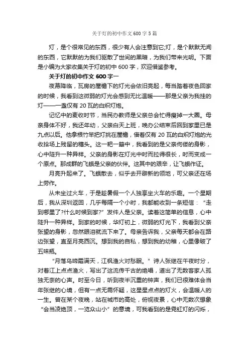 关于灯的初中作文600字5篇_初二作文_