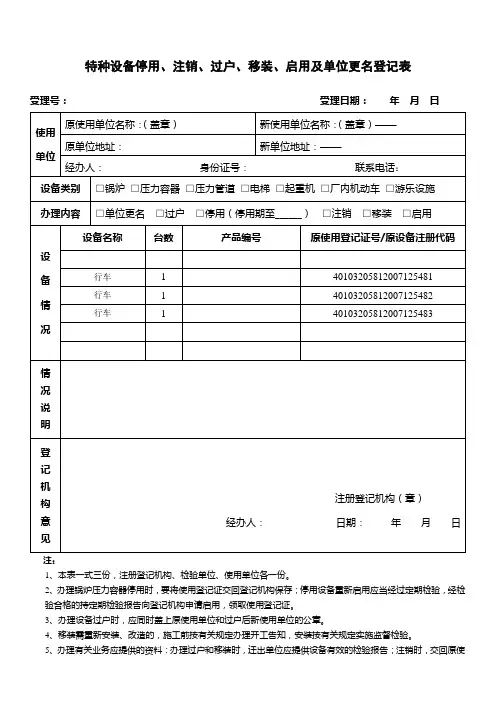 江苏省-特种设备停用、注销、过户、移装、启用及单位更名登记表