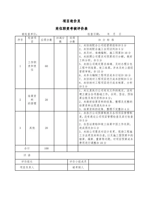项目造价员岗位职责考核评价表