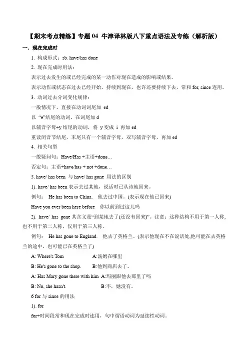 【期末考点精练】专题04 牛津译林版八下重点语法及专练(解析版)