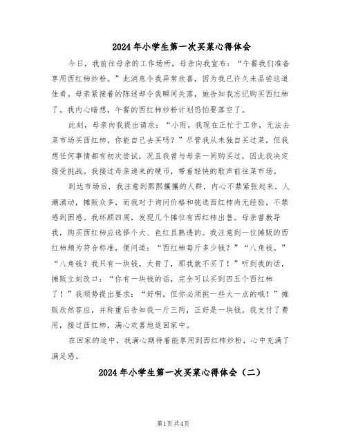 2024年小学生第一次买菜心得体会（3篇）