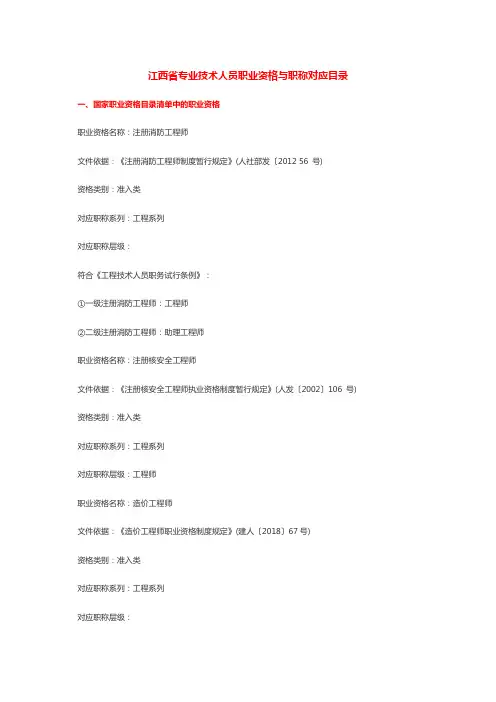 江西省专业技术人员职业资格与职称对应目录