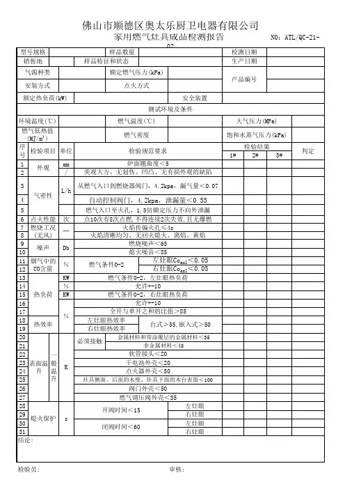 灶具成品检测报告