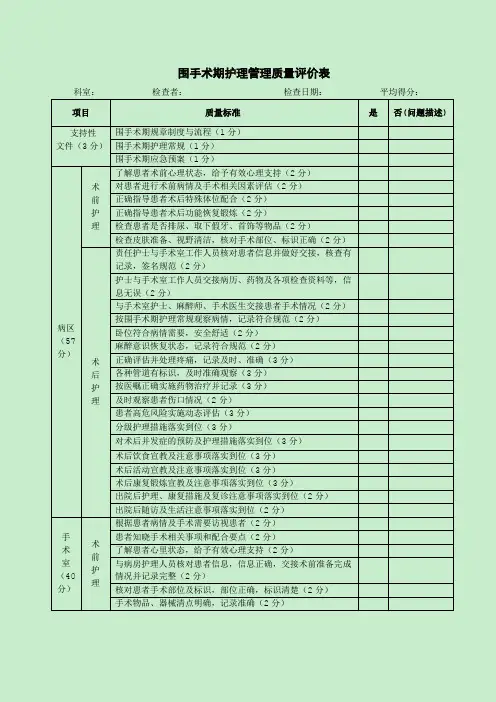 围手术期护理管理质量评价表