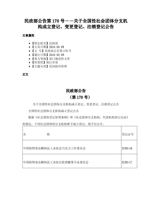 民政部公告第170号――关于全国性社会团体分支机构成立登记、变更登记、注销登记公告