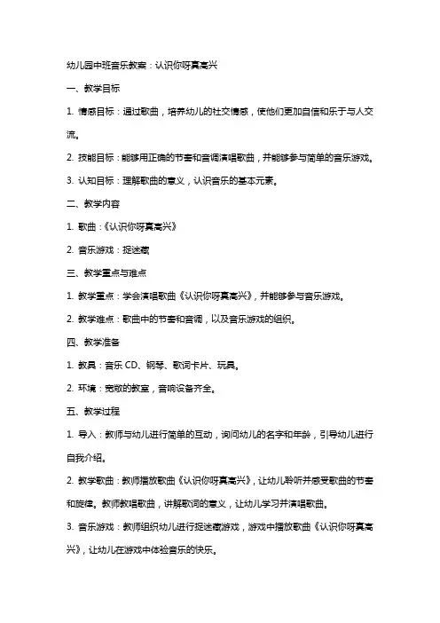 幼儿园中班音乐教案：认识你呀真高兴