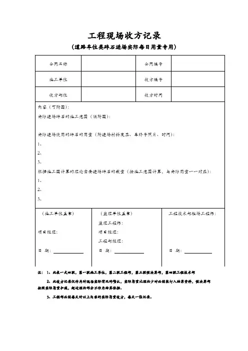工程现场收方记录(道路车位类碎石进场实际每日用量专用)