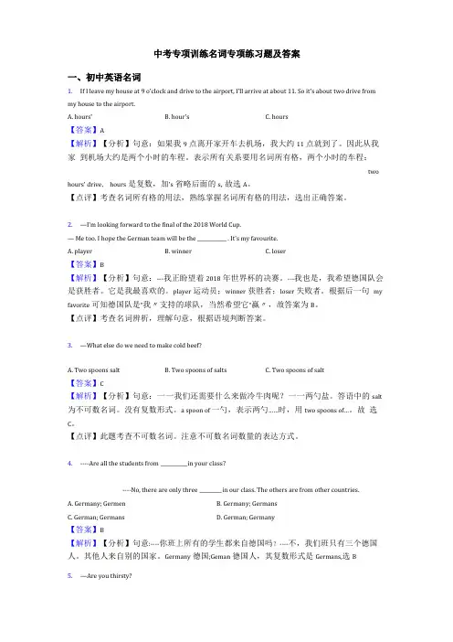 中考专项训练名词专项练习题及答案