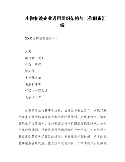 小微制造企业通用组织架构与工作职责汇编