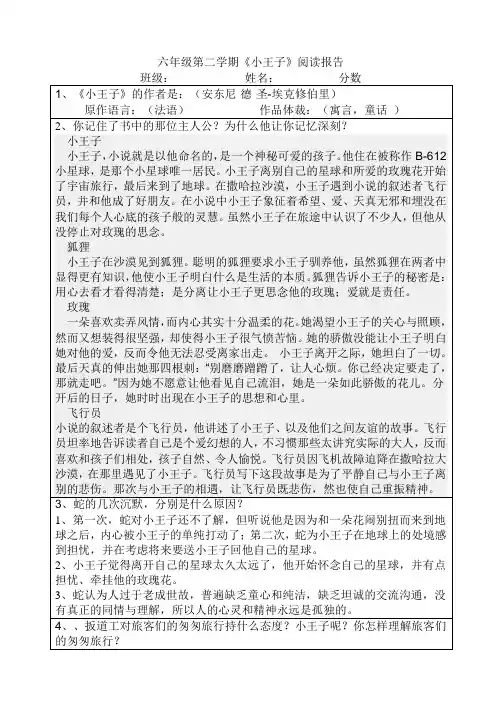 六年级第二学期阅读报告单(小王子)