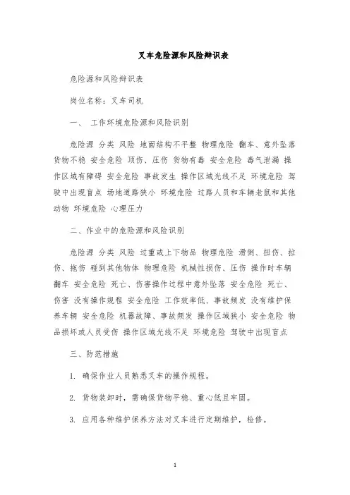叉车危险源和风险辩识表