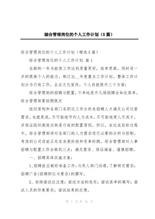 综合管理岗位的个人工作计划(5篇)