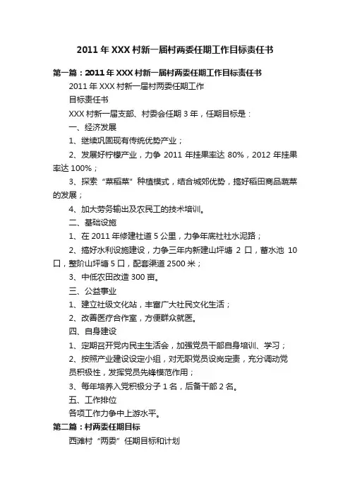 2011年XXX村新一届村两委任期工作目标责任书