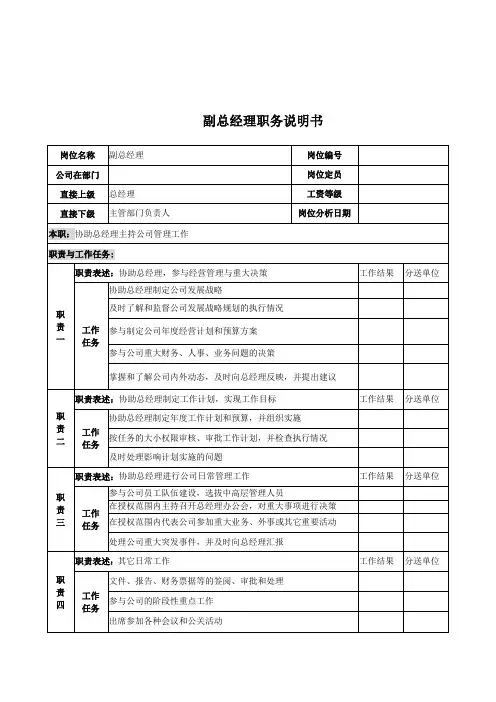 电力公司副总经理岗位说明书