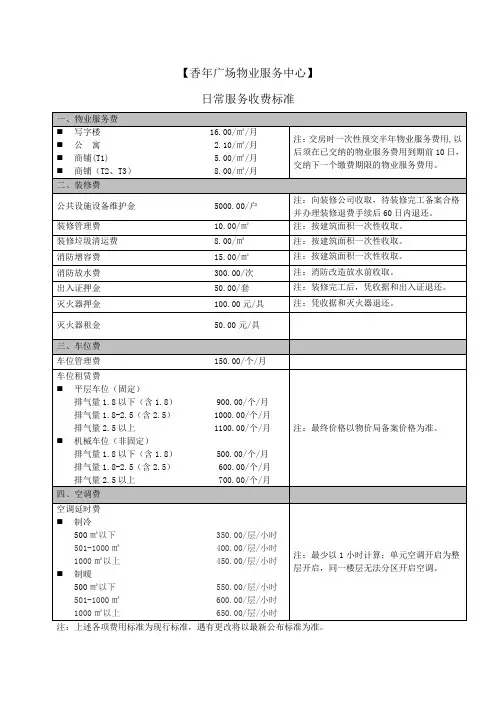 成都物业服务中心日常服务收费标准