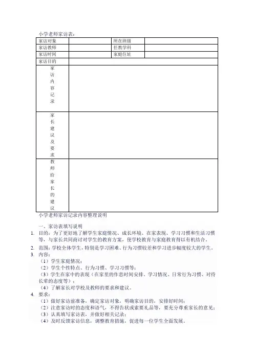 小学老师家访表和记录内容整理