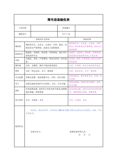 塔吊塔式起重机进场验收表