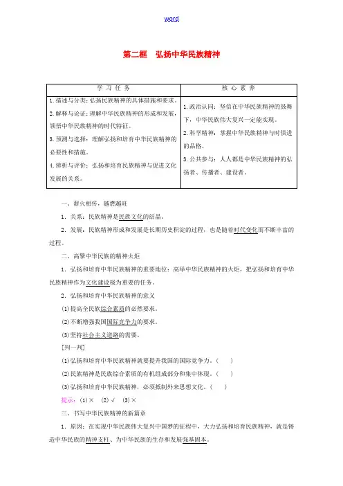 高中政治 第3单元 第7课 第2框 弘扬中华民族精神教案 新人教版必修3-新人教版高二必修3政治教案