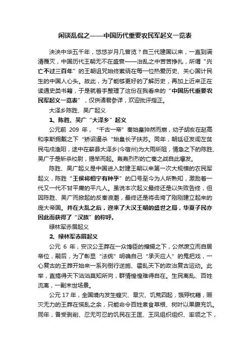 闲谈乱侃之——中国历代重要农民军起义一览表