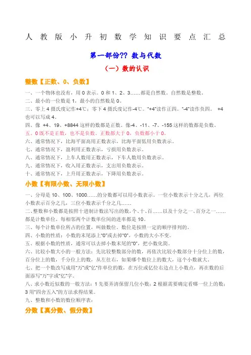 人教版小升初数学知识要点汇总