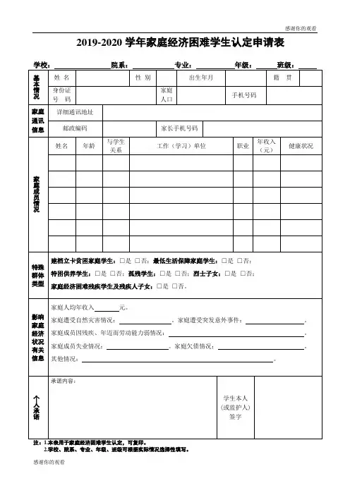 20192020学年家庭经济困难学生认定申请表 .doc