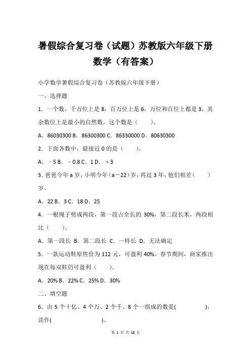 暑假综合复习卷(试题)苏教版六年级下册数学(有答案)