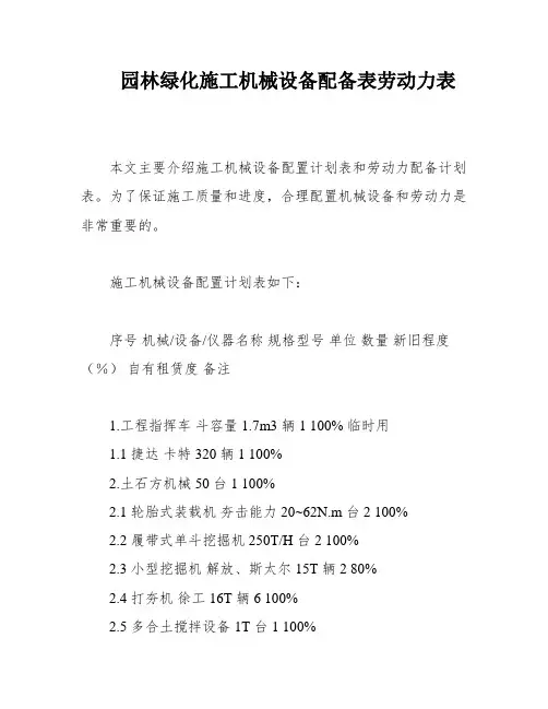 园林绿化施工机械设备配备表劳动力表