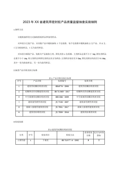 2023年建筑用密封胶产品质量监督抽查实施细则