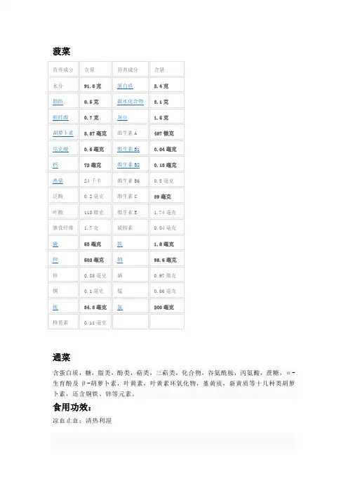 蔬菜营养成分表