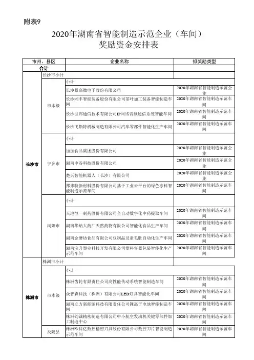 2020年湖南省智能制造示范企业(车间)奖励资金安排表