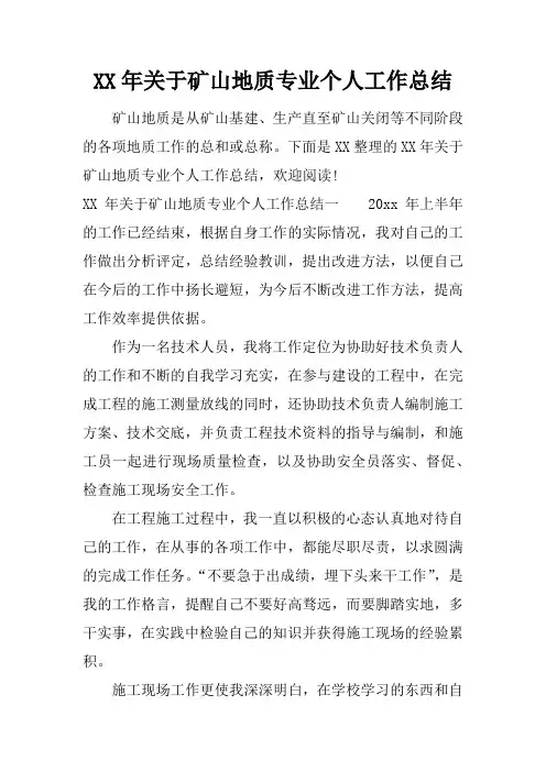 XX年关于矿山地质专业个人工作总结